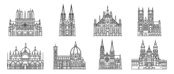 Obraz premium Set of European Gothic and Renaissance Cathedral Line Art Icons