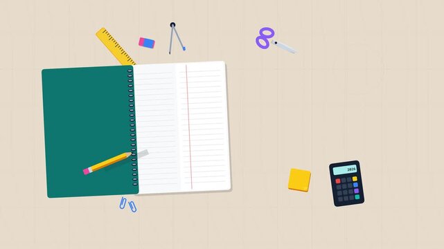 Back to School Animation with Open Notebook and Stationery Supplies