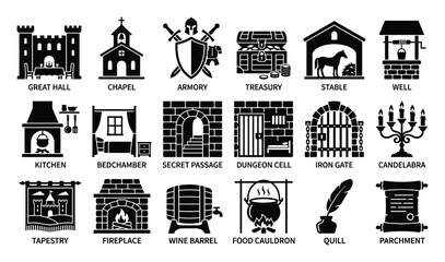 Fototapeta premium Medieval castle icon set. Fantasy building rooms, dungeon elements, historical objects, game assets. Architectural interiors, UI symbols.