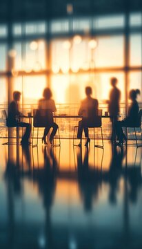 Blurred Vision Of Professional Business Team Meeting Concept Silhouette By The Large Office Window.