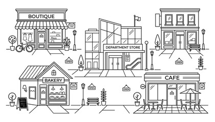 Fototapeta premium Department Store Illustration with Various Storefronts and Signage