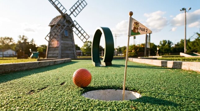 Mini golf ball approaching hole on green course with windmill with windmill flag background recreation obstacle leisure hobbies outdoor par 2 sport game turf fun