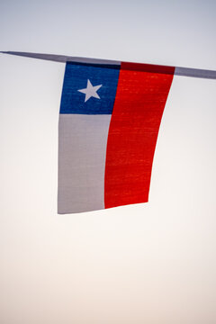 Chilean national flag representing La Estrella Solitaria, displayed for Fiestas Patrias and Chile&rsquo;s September 18 national celebrations. Blue, white and red flag symbolizing Chilean identity, patriotis
