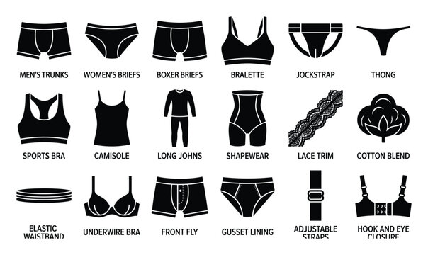 Underwear and lingerie icon set. Mens trunks, briefs. Womens briefs, thong, bralette. Intimate apparel, garment features, clothing symbols.