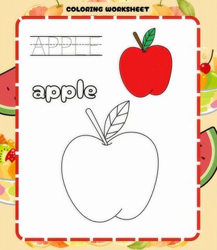 A children&rsquo;s fruit-themed coloring worksheet, designed in a cute, playful style