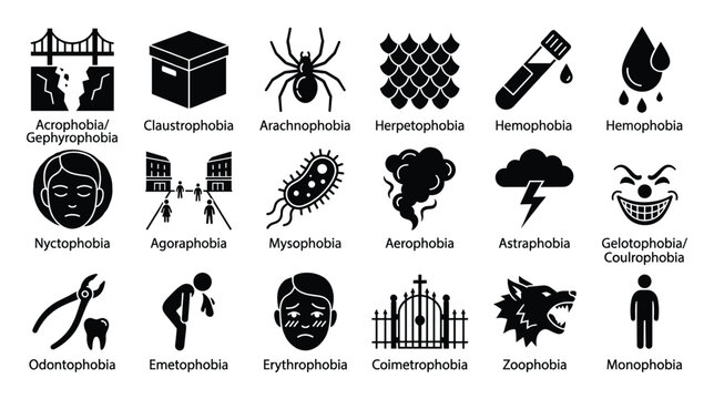 Set of phobia icons. Various fears, anxieties, and psychological disorders represented by pictograms. Mental health symbols for web and app usage, medical infographics.