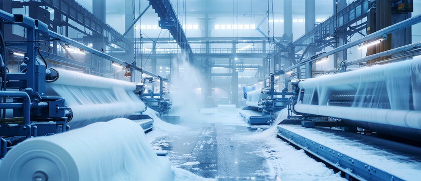 Industrial textile mill interior covered in frost and snow with machinery and rolls of fabric in cold blue light