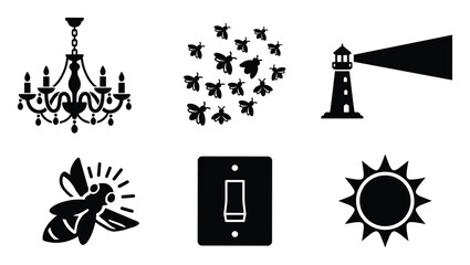 Fototapeta premium Set of light icons. Chandelier, lighthouse, sun, firefly, insects, light switch symbols. Illumination, electricity, nature, guidance themes.