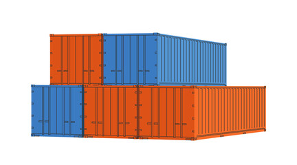 Fototapeta premium Shipping containers stack vector illustration, flat cartoon large 3D cargo containers isolated stock illustration