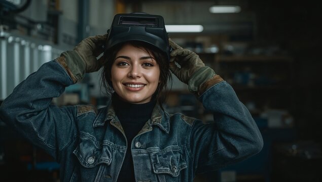 Latina welder in thirties in protective jacket with welding mask pushed up in metal workshop. Copy space for industrial advertising.