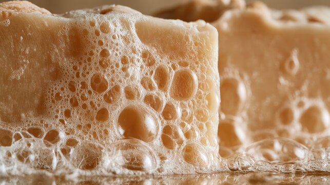 Soap bar lathers rich, golden bubbles under warm studio lighting, highlighting smooth foam texture and clean organic skin care aesthetics.