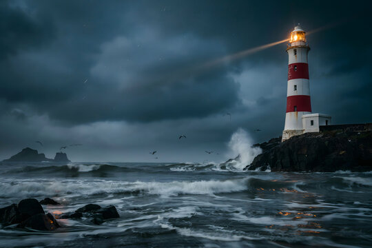 A red and white lighthouse on a rocky cliff with crashing waves during a stormy sunset with dark clouds and a bright glowing beacon light