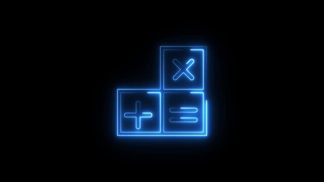 Neon calculator sign glowing with blue light in dark background dynamic motion graphic.