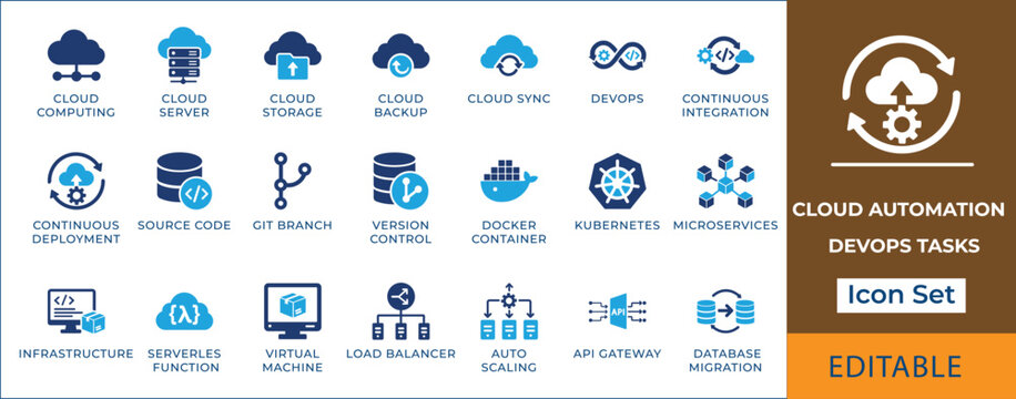 Cloud automation and DevOps tasks icon set. Featuring CI CD pipeline, container, server less, API, and database infrastructure. Vector icons for tech portal and dev app.