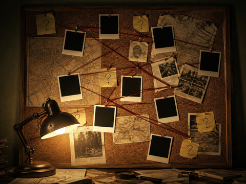 Detective Investigation Board with Blank Photos and Maps Connected by Red String, Corkboard Evidence Wall, Mystery Concept