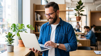 Fototapeta premium Man with glasses smiling while holding a laptop, in a modern office with plants, symbolizing productivity and casual business environment, with free space