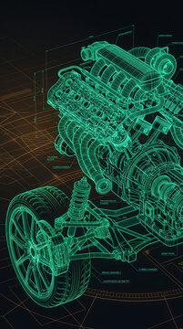Wireframe illustration of a car engine and wheel, showcasing technical design and engineering. Symbolizes innovation, mechanics, and automotive development