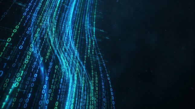 Abstract visualization of binary code streams in blue and green, representing data flow and digital information, symbolizing technology and progress
