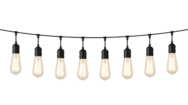 String of modern edison light bulbs isolated on transparent background