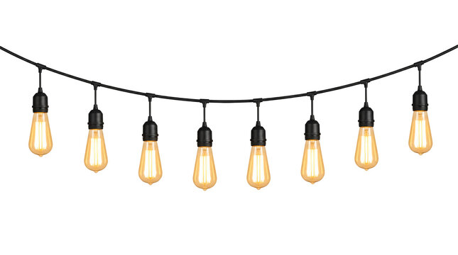 String of modern edison light bulbs isolated on transparent background