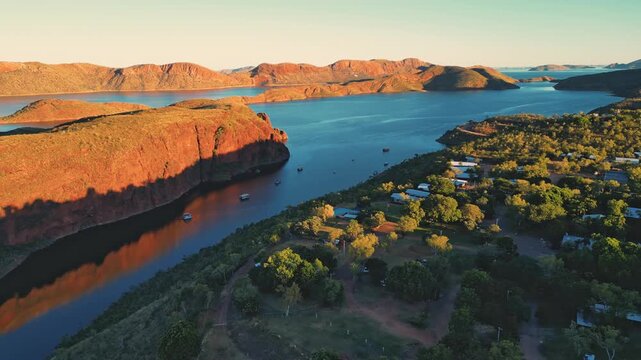 Beautiful cinematic aerial footage of lake argyle in Australias outback during sunset.