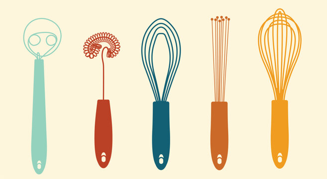 Colorful kitchen whisk set with different hand whisk and frother types vector illustration