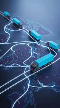 Miniature trucks on a digital world map showing global shipping routes, symbolizing logistics, transport, and supply chain networks