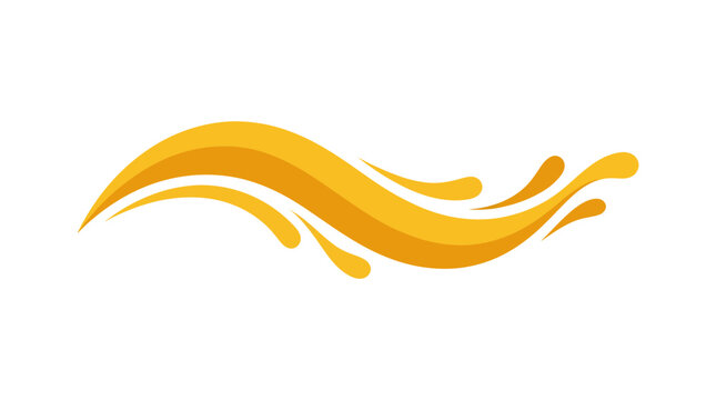 A vibrant orange and yellow stylized wave or liquid splash graphic, depicting dynamic movement and fluidity with droplets.