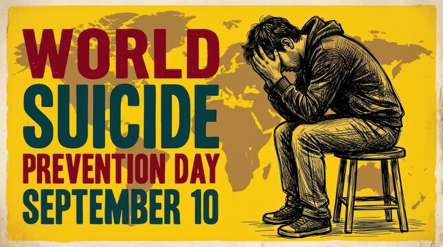World suicide prevention day poster with a sad man sitting on a stool and world map background
