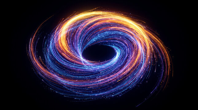 Swirling vortex of blue and orange light trails with glowing particles against a black background, symbolizing energy, motion, and cosmic phenomena