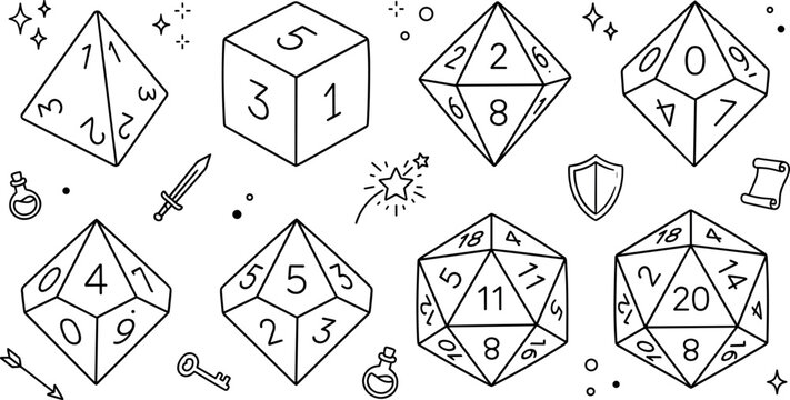 Polyhedral Dice Set Hand Drawn Outline Vector Collection with Fantasy Tabletop Gaming RPG Dice Icons for Board Games and Adventure Themes