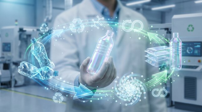 Scientist holding holographic recyclable plastic bottle with recycling symbols with scientist lab coat circular economy sustainability conservation environment ecofriendly
