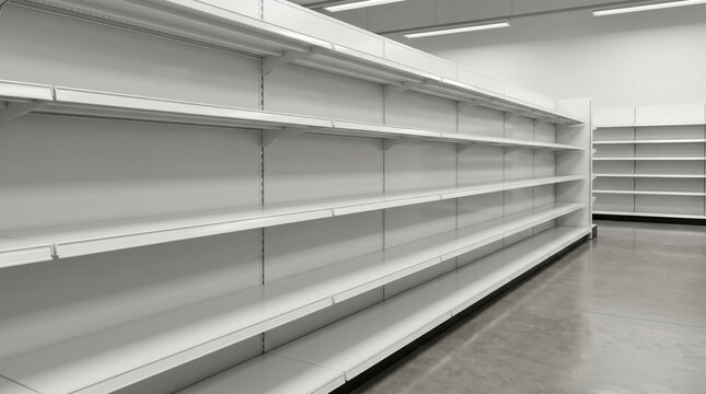 Empty supermarket shelves in a large grocery store, representing food shortages, supply chain disruption, scarcity, panic buying, economic crisis and consumer demand