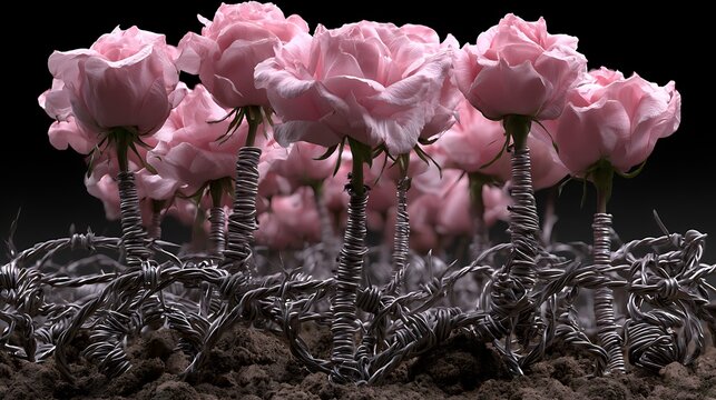 318. A psychological illustration of Passive Aggression. A beautiful garden of soft, pink roses, but upon closer look, the stems are made of coiled, sharp barbed wire that is slowly strangling 