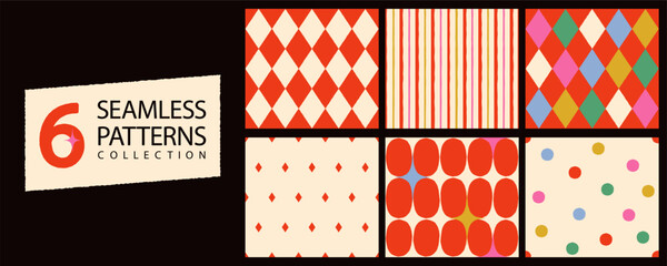 Fototapeta premium 6 retro seamless patterns set with circus rhombus diamonds, irregular stripes, colorful polka dot and geometric shapes. Playful vintage backgrounds for wrapping paper. Hand drawn vector illustration