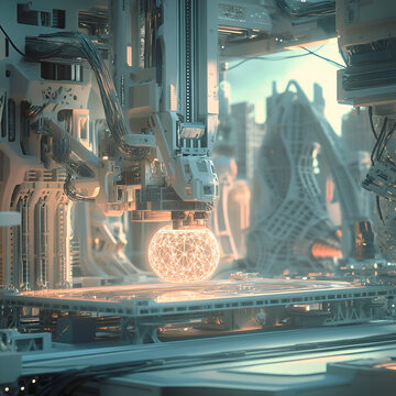Futuristic technology environment with advanced machines and glowing digital sphere in cybernetic workshop