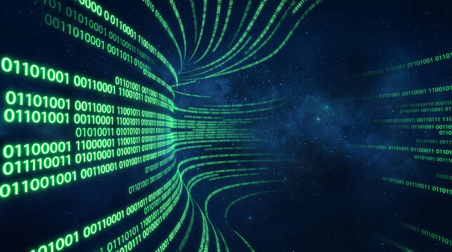 Glowing green binary code streams through a dark, star-filled digital tunnel, symbolizing data flow, technology, and cyberspace