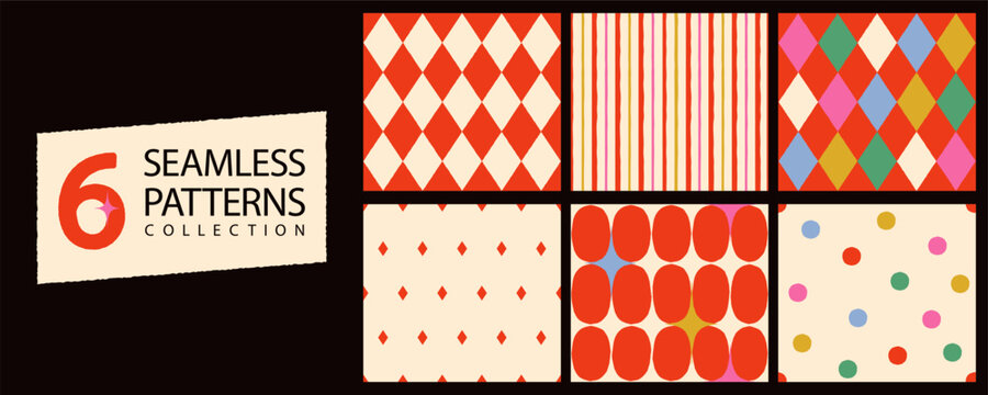 6 retro seamless patterns set with circus rhombus diamonds, irregular stripes, colorful polka dot and geometric shapes. Playful vintage backgrounds for wrapping paper. Hand drawn vector illustration