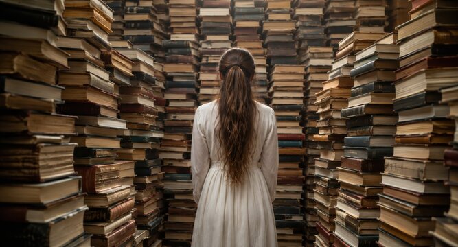 Young woman surrounded by towering stacks of books, representing education, knowledge, academic pressure, studying, reading, learning and the overwhelming pursuit of information