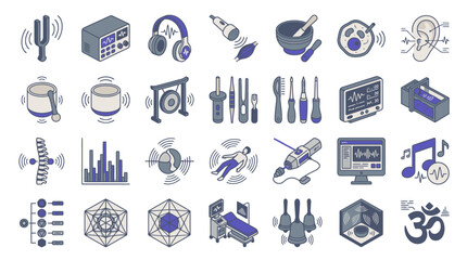Fototapeta premium Vector Sound healing therapy isometric vector icons set with tuning forks singing bowls and musical elements. EPS Editable