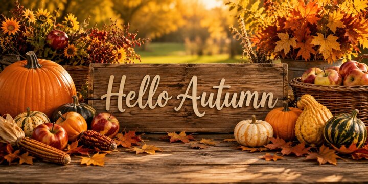 Hello Autumn wooden sign surrounded by pumpkins, apples, corn, sunflowers and colorful fall leaves, creating a cozy harvest scene for seasonal greetings and decoration