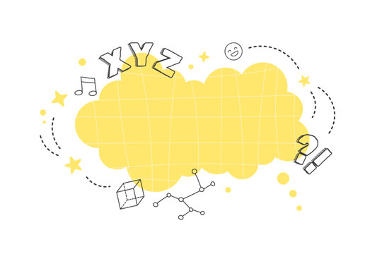 Back to school speech bubble with yellow grid, ABC letters, education doodles and copy space. Vector illustration featuring math, science and classroom themed elements.