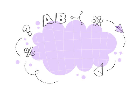 Back to school speech bubble with violet grid, ABC letters, education doodles and copy space. Vector illustration featuring math, science and classroom themed elements.