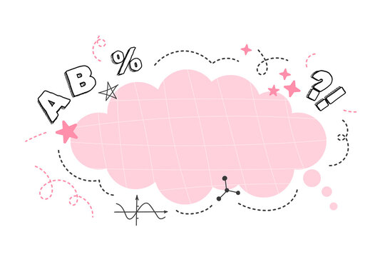 Back to school speech bubble with pink grid, ABC letters, education doodles and copy space. Vector illustration featuring math, science and classroom themed elements.
