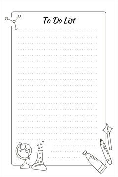 Minimal to do list template with dotted writing lines, handwritten title and black school doodles featuring a globe, science flask, pen, pencil and creative elements.