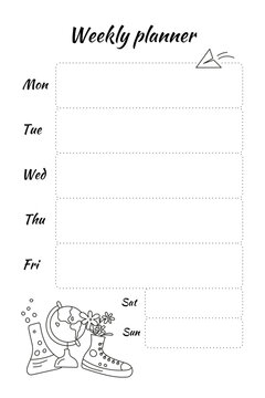 Minimal weekly planner template with Monday to Sunday sections, clean handwritten typography and school themed doodles including a globe, science flask, flowers and sneaker.