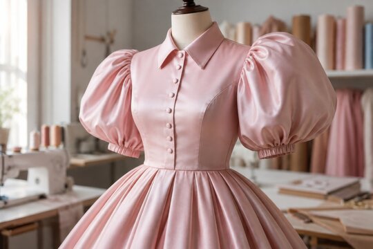 Elegant pink dress with puff sleeves displayed on a mannequin in a fashion studio, representing clothing design, tailoring, femininity, couture, sewing and textile craftsmanship