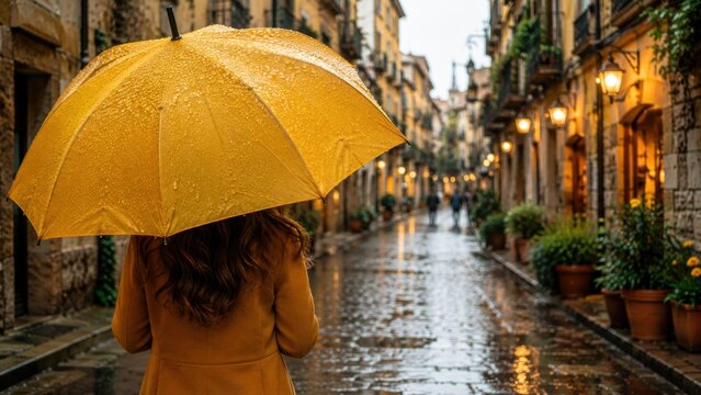 Woman walking with a yellow umbrella on a rainy autumn street, surrounded by wet pavement, colorful foliage and historic buildings, capturing seasonal weather and city life