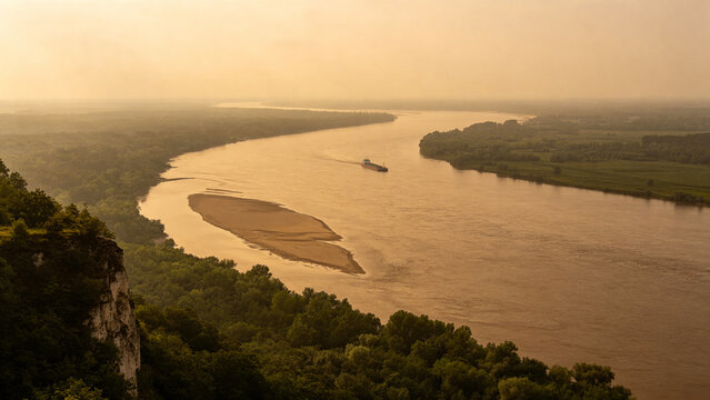 View from high bluff of wide brown river bending through low green forest, sandbar, tugboat and barge downstream, Mississippi River landscape