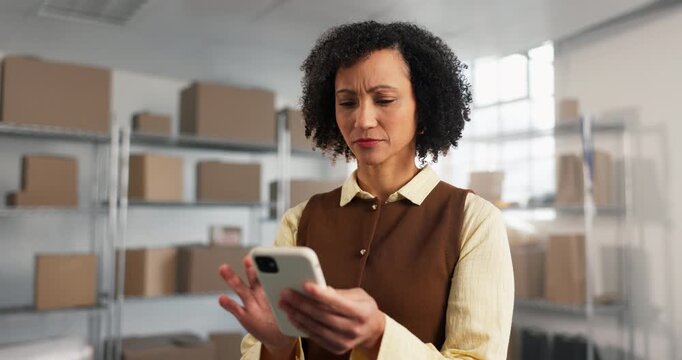 Typing, woman or phone in small business for logistics, courier coordination or package tracking. Shipping, mature owner and mobile in storage for route search, delivery schedule and customer enquiry